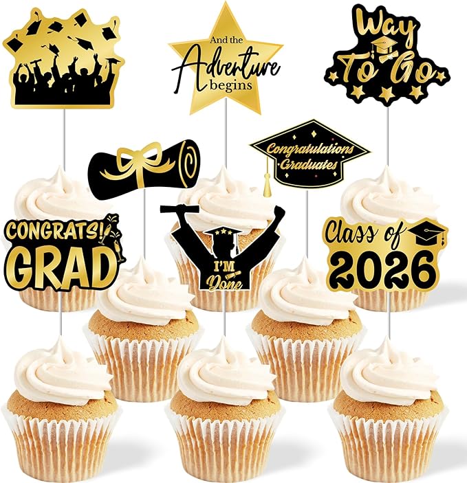 2026 Graduation Cupcake Toppers - 48 Pcs Black Gold Graduation Party Supplies Mini Cake Food/Appetizer Picks For Class of 2026 Graduation Decorations