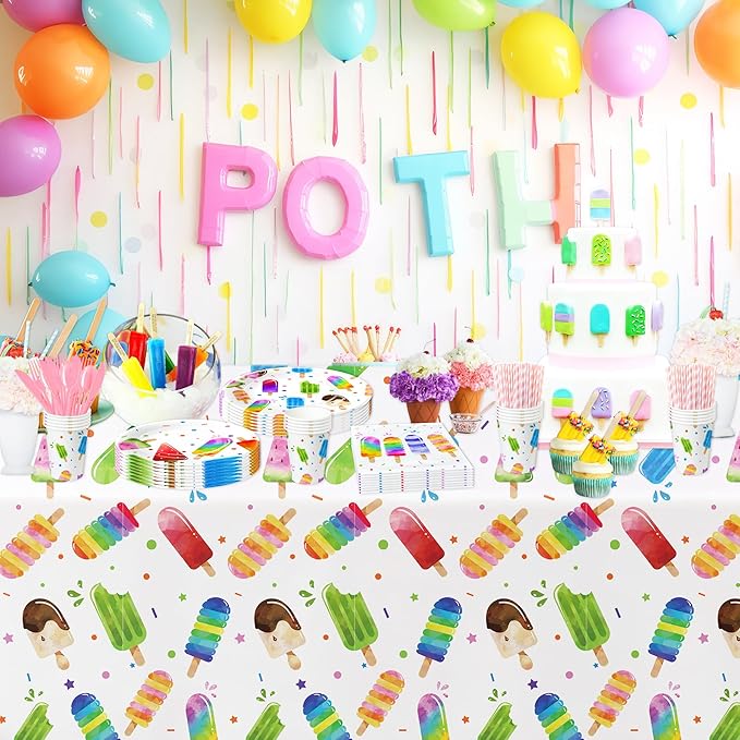 Popsicle Party Tablecloth Decorations - Disposable Ice Cream Popsicle Birthday Party Supplies Tablecover, Summer Popsicle Baby Shower Table Decorations Table Cloths- 3 Pack (54in x 108in)