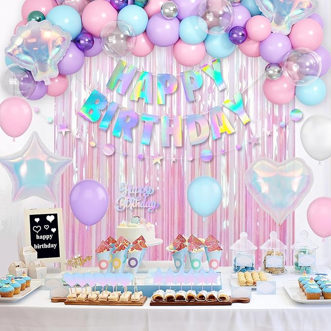 Mermaid Birthday Decorations for Girls Women, Iridescent Birthday Party Decorations, Happy birthday Banner, Pastel Balloons, Fringe Curtains, Star Garland, Cake Toppers for Under the Sea Party Decor