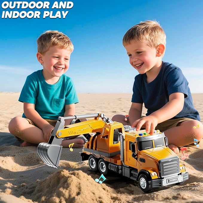 Excavator Toys for Boys Aged 3-5 4-6, Play Excavator with Light and Sound, Toy Truck Construction Vehicles Cars for Kids 2-4 4-7 Years Old, Birthday Gift for Girls Toddlers 1-3