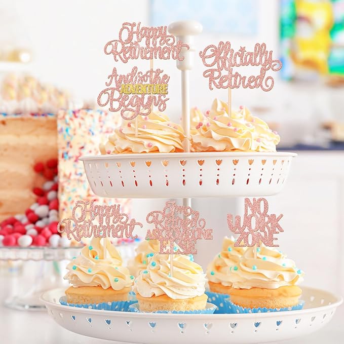 30 PCS Happy Retirement Cupcake Toppers Officially Retired Cake Toppers No Work Zone Adventure Begins Cupcake Picks for Retirement Theme Farewell Birthday Party Decorations Supplies Rose Gold