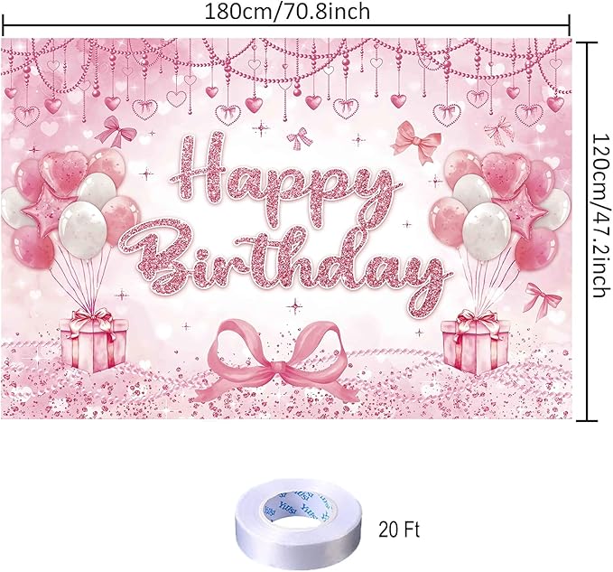Pink Heart Bow Happy Birthday Backdrop Decorations Bow Banner Pink Bowknot Photo Background for Girls Birthday Party Decorations Supplies 70.8 x 47.2 Inch