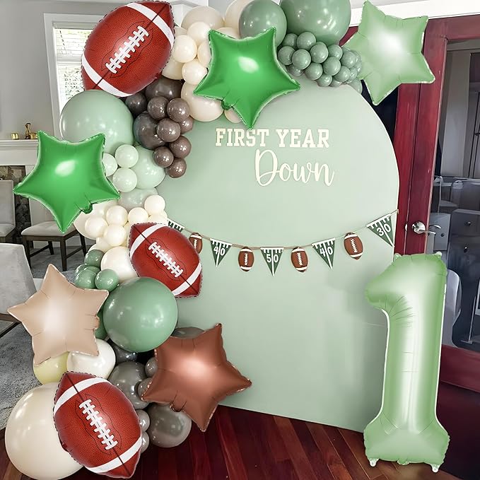 First Year Down Birthday Party Decorations, 8 Pcs 1st Birthday Decorations for Boy with 40" Green One Balloon for First B-day Football Foil Helium Balloons 1st Boy Party Supplies