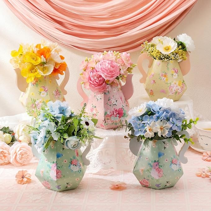 Fulmoon 6 Pcs Tea Party Decorations 6.7'' Flower Box Table Paper Teapot Princess Centerpiece Vase Table Decor Wonderland Fancy Party Decor for Floral Tea Birthday Baby Shower Wedding (Fresh)