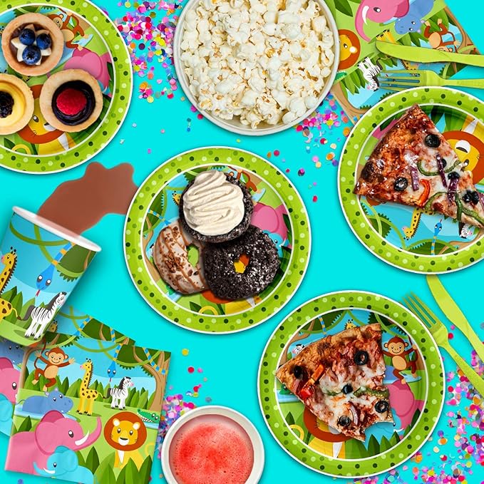 Safari Jungle Theme Birthday Party Decorations Tableware Set - Wild Animal Birthday Party Supplies Includes Plates, Napkins, and Cups | Kit for 16