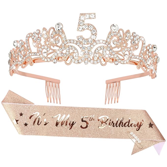 Semato 5th Birthday Decorations for Girl Sash and Crown Kit Rose Gold 5 Year Old Girl Birthday Gifts for Her Party Supplies