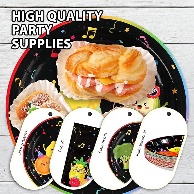 200 Pcs Dancing Fruit Party Decorations Dancing Fruits Plates and Napkins Fruits Themed Paper Dessert Plates for Kids' Birthday Baby Shower Party Supplies Serves 50