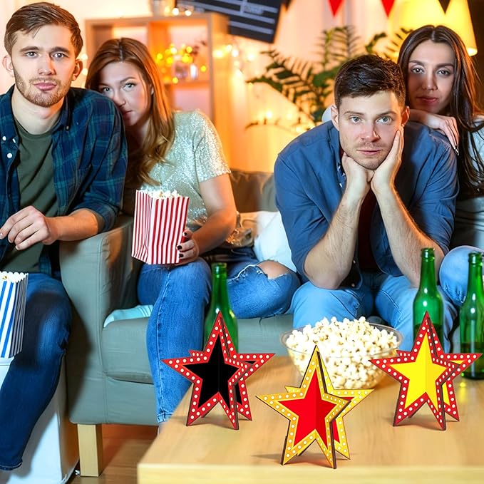 Star Centerpieces Movie Night Party Decorations 3D Star Movie Night Wooden Centerpieces Cinema Birthday Table Wooden Sign for Red Carpet Film Show Theme Birthday Party Favors Supplies