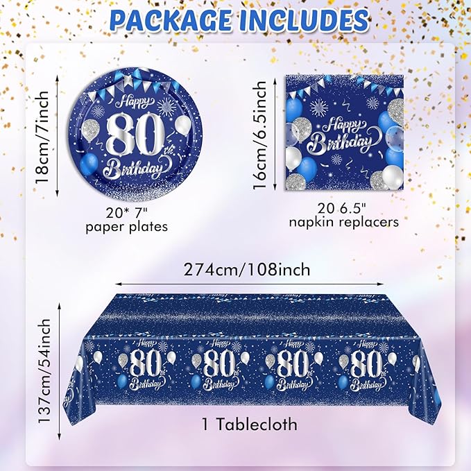 Blue 80th Birthday Decorations for Men Navy Blue Silver Happy 80th Birthday Tableware Set Include Happy 80th Birthday Plates Napkins Tablecloth for 60th Birthday Anniversary Party Decorations Supplies