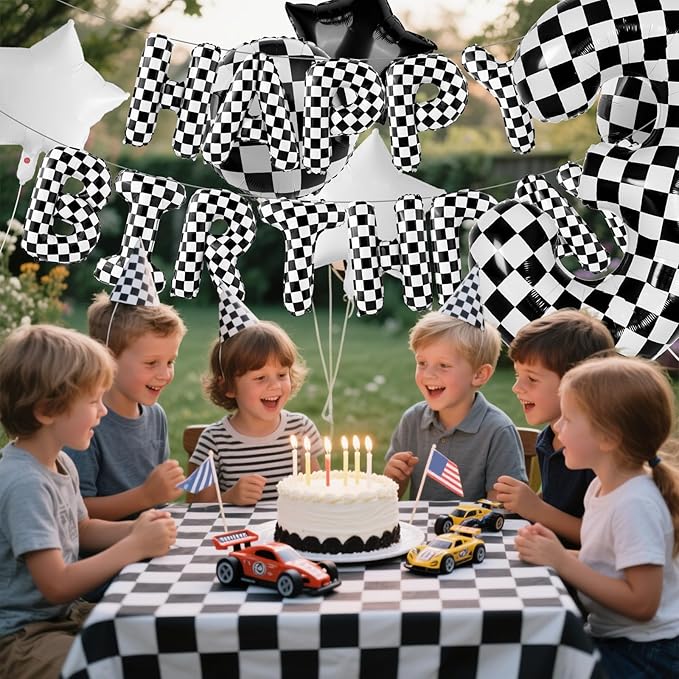 Racing Cars Themed Happy Birthday Banner Party Decorations Set Including 40 Inch Number 3 Foil Balloons, Themed Party Essentials, Checkered Backdrop Supplies for Boys Indoor Outdoor Celebration
