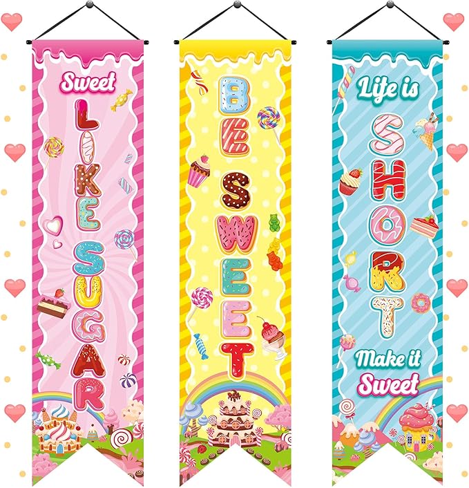 3 Pcs Candyland Party Decorations Sweet Candy Banners Donut Lollipop Porch Sign Candy Land Hanging Flags Photo Props Backdrop Supplies for Outdoor Door Wall Yard Birthday Baby Shower