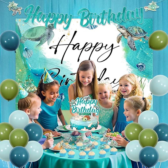 JOYMEMO Sea Turtle Birthday Theme Party Decorations, Birthday Banners, Sea Animal Backdrops, Balloon and Cake Decorations for Underwater World Style Party Supplies