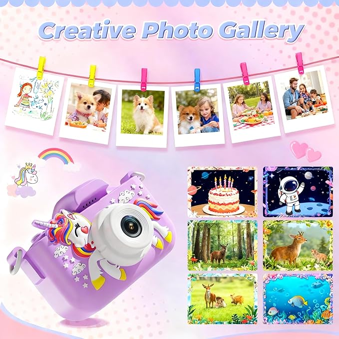 Kids Digital Camera Toy for Boys and Girls Aged 3-12, Unicorn 1080P Children's Camera, Christmas Birthday Gift, Toddler Digital Video Camera for Girls with 32GB SD Card/Reader (Purple)