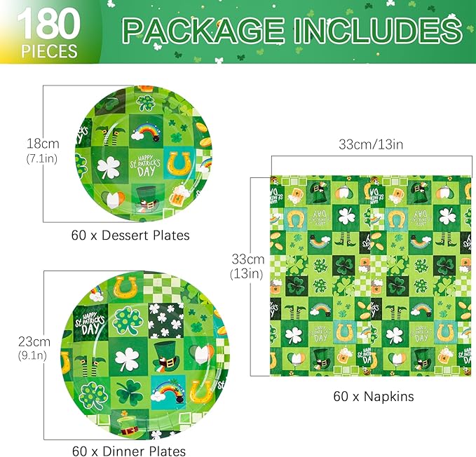 180Pcs St Patricks Day Party Supplies Paper Plates and Napkins Serve 60 Disposable Tableware Set for Birthday Party Decorations Game Day Family Holiday Sports Events