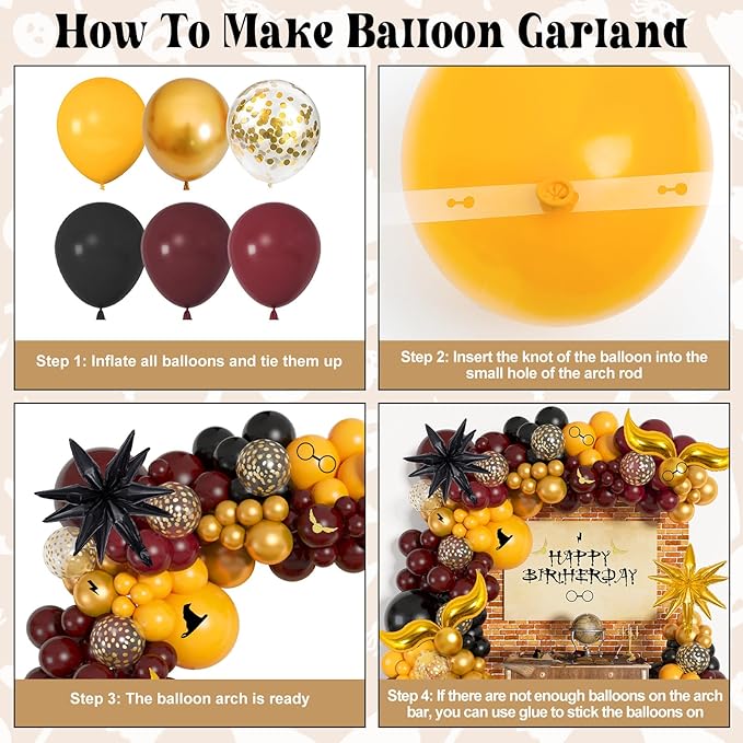 Ouddy Life 172pcs Magical Wizard School Balloons Garland Arch Kit Burgundy Black Gold Confetti Snitch Balloon for Magic Themed Birthday Decorations Baby Shower Party Supplies