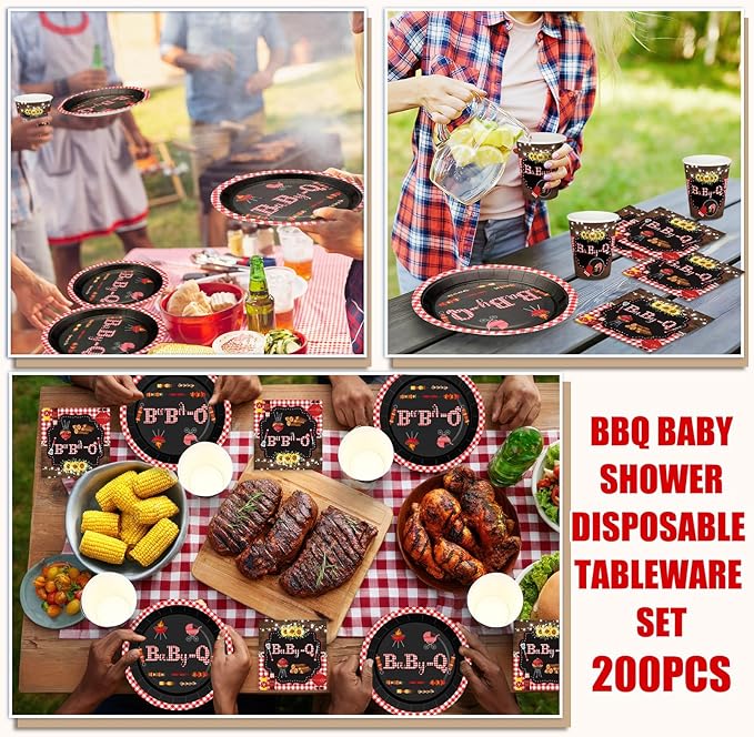 Hushee 200 Pcs BBQ Baby Shower Paper Plates Cups Napkins Party Supplies Tableware Set Disposable Cup Napkin for 50 Guest Party Decoration