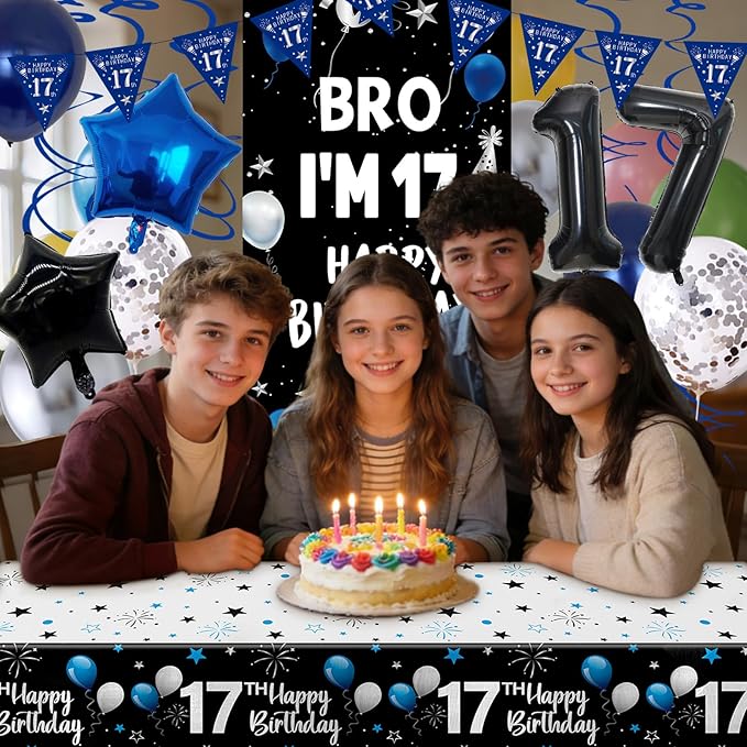 17th Birthday Decorations for Boys Girls, Dark Blue 17 Year Old Bday Decorations with Happy 17th Birthday Banner Backdrop Tablecloth, Party Supplies with 17 Balloon Numbers, Triangle Flag, Foil Stars