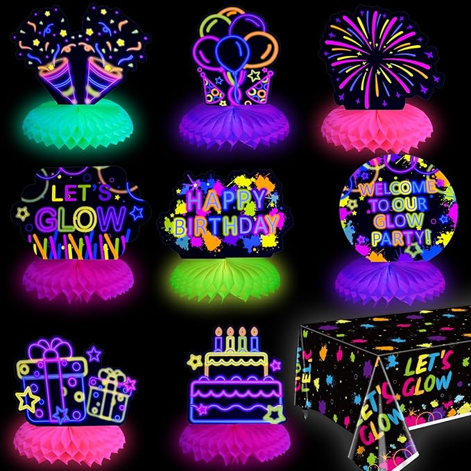10 Pieces Glow in The Dark Party Table Decorations, Neon Table Honeycomb Centerpiece and Let's Glow Tablecloths Set - Black Light Table Topper Neon Decorations for Kids Glow in Dark Party Supplies