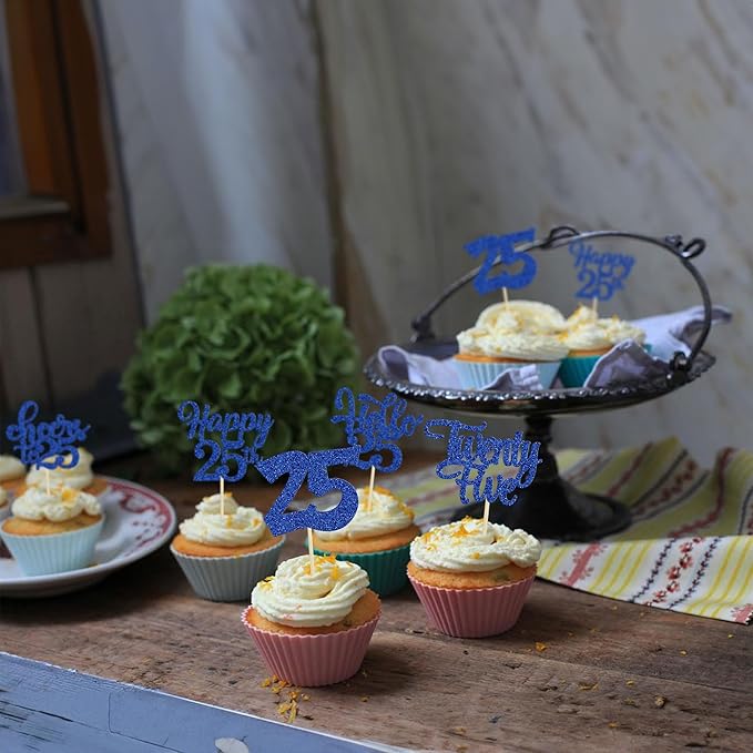 30pcs 25th Birthday Cupcake Toppers - 25th Anniversary Cheers to 25 Years Old Cake Decorations - Deep Blue Glitter