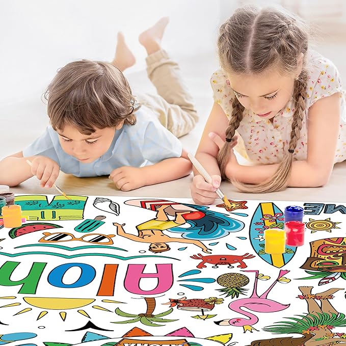 OHOME Hawaiian Giant Coloring Poster/Tablecloth - Luau Day Decorations - Jumbo Coloring Banner Crafts Gifts Activities Accessories Decor Party Decorations