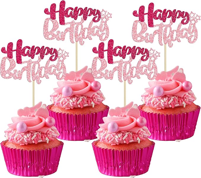 Ephlyn 24Pcs Happy Birthday Cupcake Toppers Double Layer Glitter Happy Birthday Cake Decorations for Celebrating Baby Shower Theme Kids Boys Girls Birthday Anniversary Party Supplies Rose Red Pink