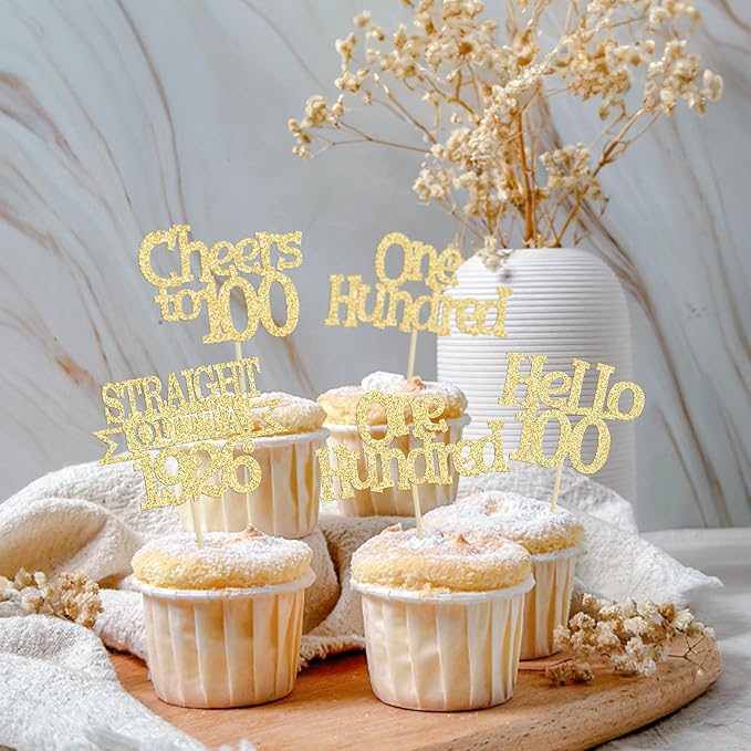 Ephlyn 24Pcs Happy 100th Birthday Cupcake Toppers Glitter Straight Outta 1926 Cupcake Picks Hello 100 Cheers to 100 Years Birthday Cake Decorations for 100th Anniversary Party Supplies Gold