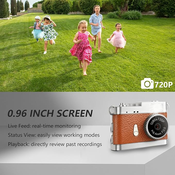 KOOMTOOM Keychain Camera,720P HD Mini Retro Camera,Tiny Digital Photocamera with 32GB SD Card,0.96'' Pocket Video Recorder Gift for Kids Students,Suprise Box Included(K142 - Red Brown)
