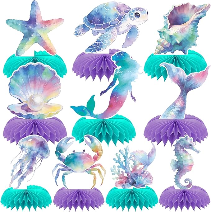 10 PCS Ocean Party Decorations 3D Mermaids Honeycomb Centerpieces for Table Mermaid Table Topper Decor for Ocean Under the Sea Theme Birthday Baby Shower Party Favors