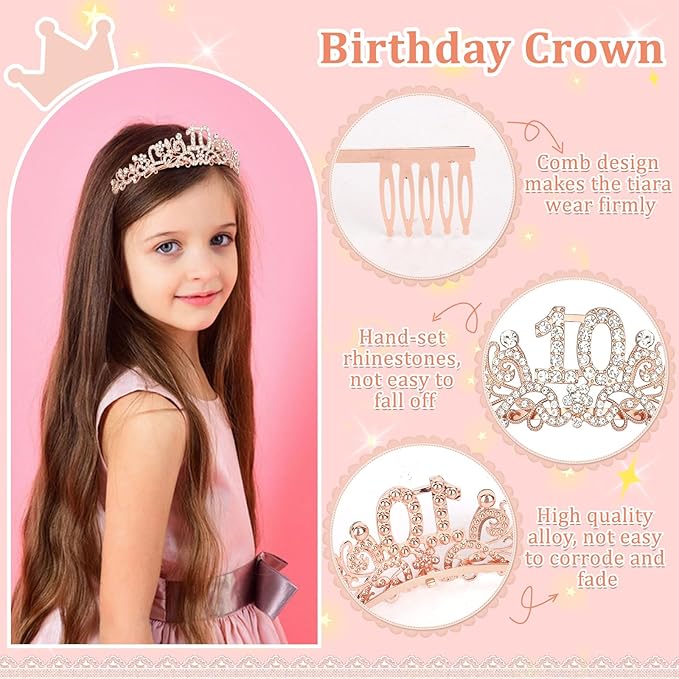 Semato 10th Birthday Decorations for Girl Sash and Crown Kit Rose Gold 10th Birthday Gifts for Girls Party Supplies