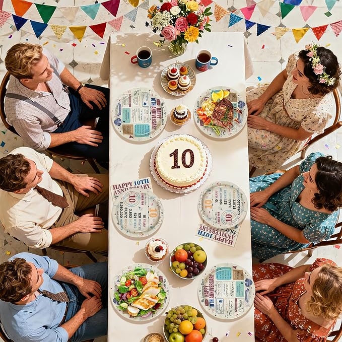 96Pcs 10th Anniversary Party Decorations Retro 10 Years Wedding Aday Plates and Napkins Happy 10th Anniversary Disposable Tableware Set for Vintage 10 Year Wedding Party Supplies Serves 24