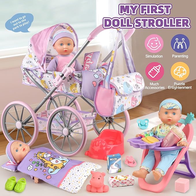 Baby Doll Stroller Playset for Girls Toddlers 3-5 4-6 5-7 Year Old to Play House Games. Stroller Toy with 12.5" Baby Doll, Dining Chair, Quilt Pillow, 24 PCS Doll Accessories and 2 Sets Clothes.