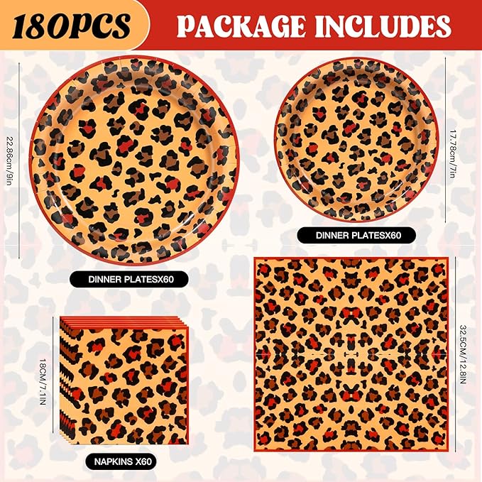 180pcs Red Cheetah Print Birthday Party Decorations,Leopard Print Plates and Napkins Set,for Girls Night Big Mama Women Birthday Party Supplies,Serves 60 Guests