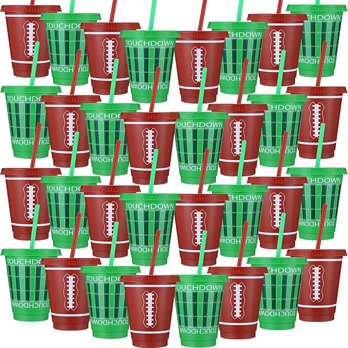 Sieral 30 Pcs Football Cups with Straws and Lids 16 oz Football Cups Brown Green Plastic Tumblers Reusable Iced Coffee Travel Mug for Sport Theme Party Supplies Decorations