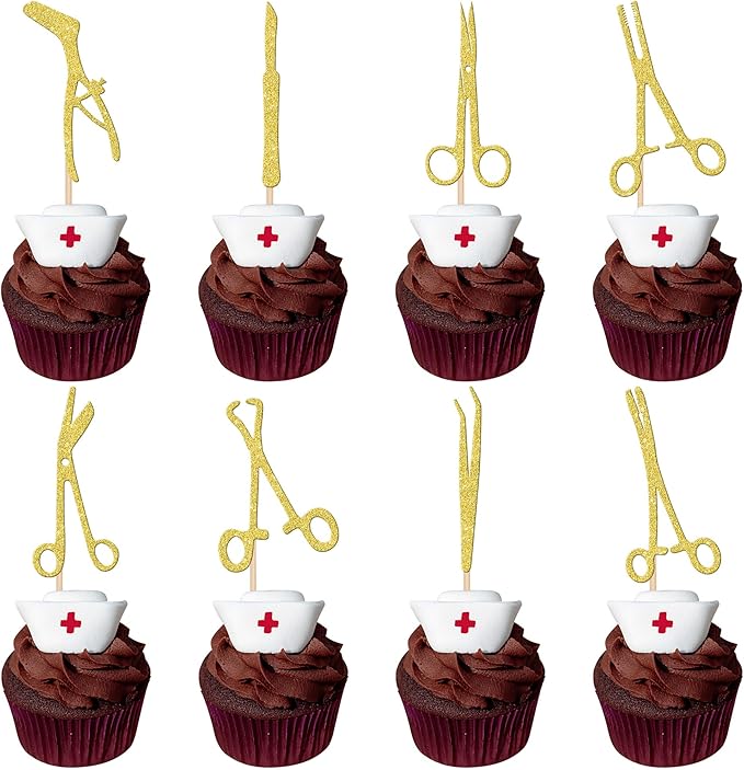 24 PCS Surgical Tool Cupcake Toppers Glitter Surgeon Party Cupcake Picks Surgical Doctor Graduation Cake Decorations for Surgeon Sterile Processing Tech Tool Theme Birthday Party Supplies Gold