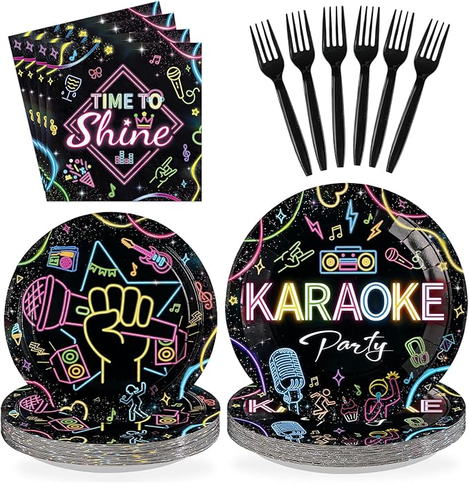 96Pcs Karaoke Party Supplies Music Disco Microphone Plates and Napkins Karaoke Night Neon Music Theme Tableware Set for Popular Singer Social Media Birthday Party Decorations Serves 24