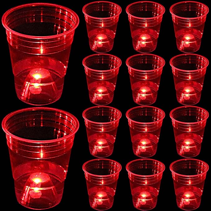 mishunyus Glow in The Dark Red Party Cups 24 Pack (16 oz) - LED Light Up Plastic Cups for Birthday Weddings BBQ Beach Holiday Decorations, Reusable Drinking Cups for Club Events & Nighttime