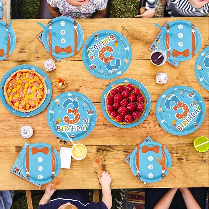 96Pcs Blue Orange 3rd Birthday Decorations Cartoon English Teacher Plates and Napkins Cartoon Theme Third Birthday Decorations Favors for Kids Three Years Old Back to School Party Supplies Serves 24