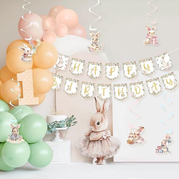 Bunny Birthday Decorations Kit, 36PCS Easter Bunny Party Supplies with Happy Birthday Banner, Hanging Swirls Ceiling Decoration and Balloons for Girls Baby Shower Rabbit Themed Party