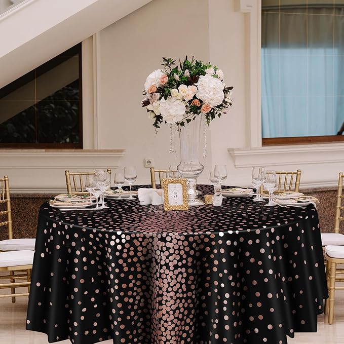 VitalCozy Round Dot Tablecloth 84 Inch Plastic Table Cover Polka Dot Confetti Tablecloths for Easter 2026 Graduation Prom Wedding Birthday Spring Party Supplies(Black and Rose Gold,3 Pcs)