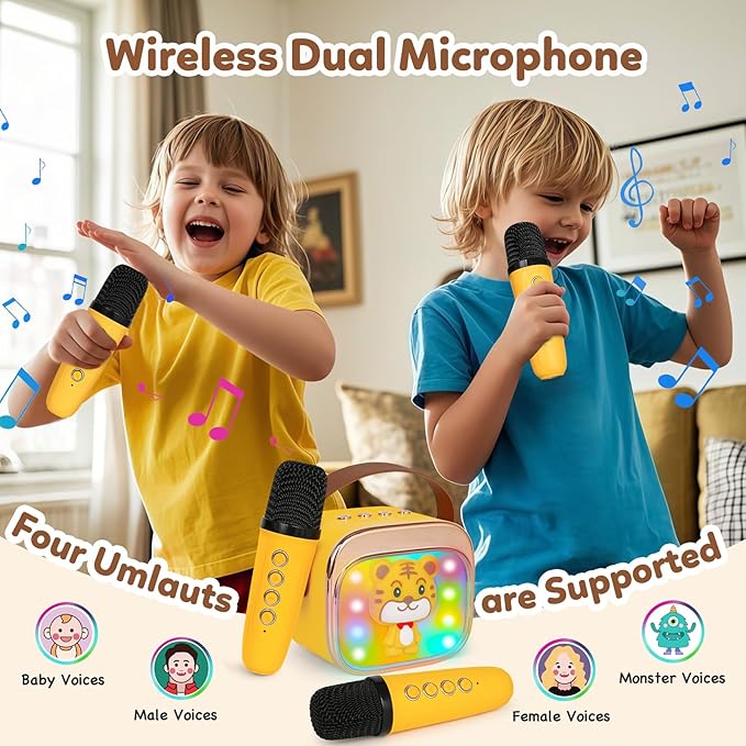 Mini Karaoke Machine with 2 Wireless Microphones, Karaoke Machine for Kids 4 5 6 7 8 9 10 Years Old, Girls and Boys - Birthday/Christmas/Halloween/Easter Gift, Microphone for Kids Party Speaker Toy