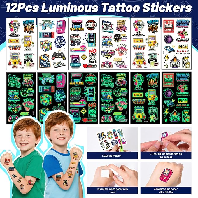 Video Game Party Favors Kids Gamer Birthday Party Supplies Drawstring Bag Silicone Bracelet Glow in Dark Tattoo Sticker Keychain Gamer Party Favors Gaming Birthday Goodie Bag Stuffers