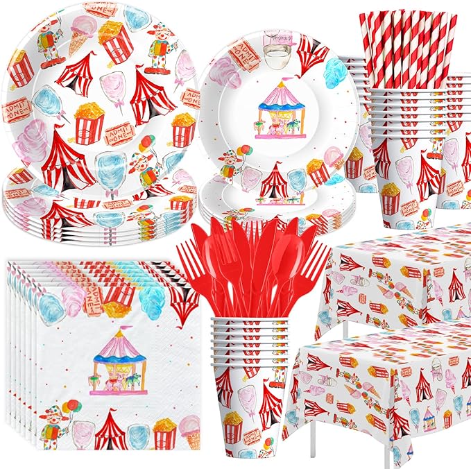 Circus Theme Party Decorations Tableware, Carnival Party Supplies, Plate, Cup, Napkin, Tablecloth, Cutlery, Straw, Circus Carnival Theme Party Decorations For Birthday Baby Shower | Serve 24