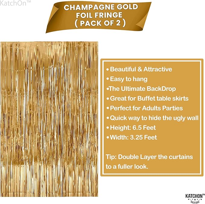 Katchon, Champagne Gold Backdrop Curtain - Pack of 2 | Gold Streamers for Ramadan Decorations for Home, Bridal Shower, Bachelorette Party Decor | Shimmer Curtains for Eid Mubarak Decorations