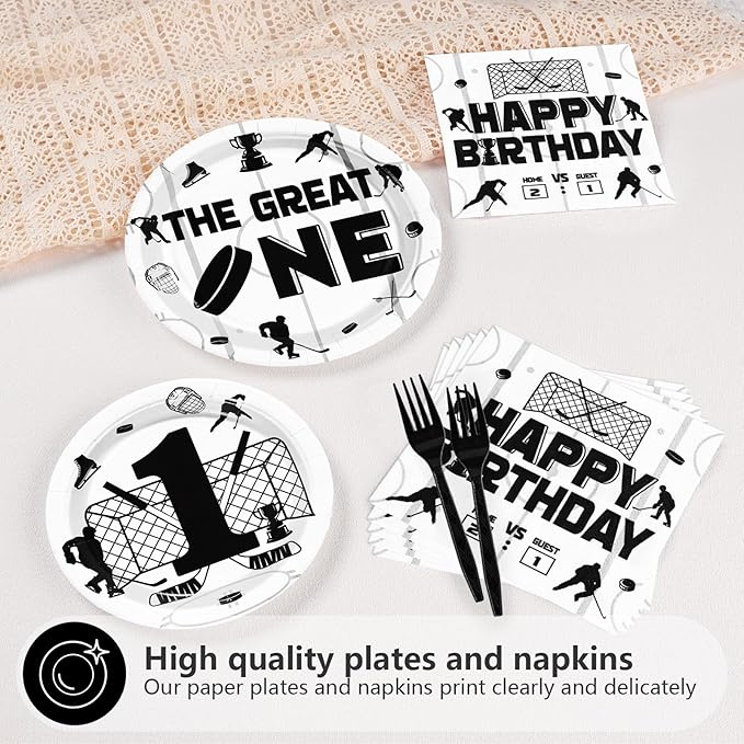 96 Pcs Ice Hockey 1st Birthday Party Supplies The Great Hockey Party Plates and Napkins Disposable Sports Games Themed Tableware Set for Kids Boys One Year Old Birthday Decorations Serves 24