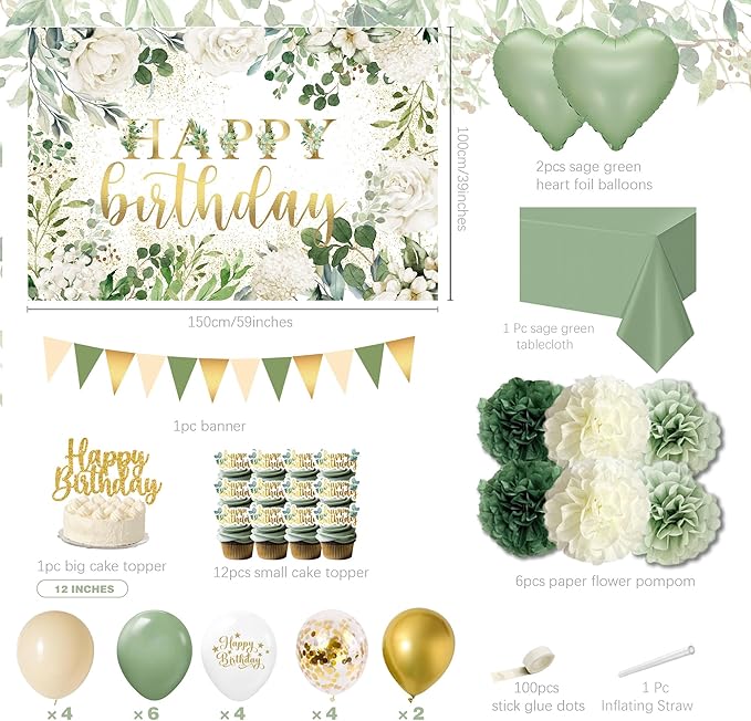 Happy Birthday Decorations For Women Men,Birthday Backdrop,Banner Balloons,Table Cloth,Paper pom poms Party Supplies for Girls Boys (Sage Green)