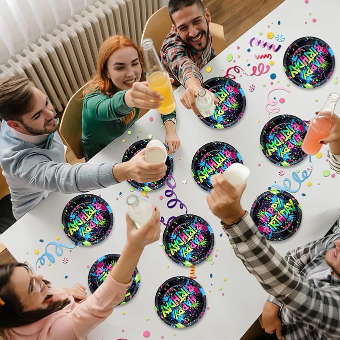 60PCS Neon Birthday Party Plates Glow Happy Birthday Party Supplies 7Inch Neon Dessert Plates Tableware Supplies Disposable Glow in the Dark Colorful Graffiti Dinnerware for K-Pop Parties Favors