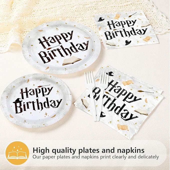 200 PCS Magical Wizard Party Supplies Happy Birthday Plates and Napkins Disposable Magic Theme Tableware Set for Kids Birthday Holiday Decorations, Serves 24