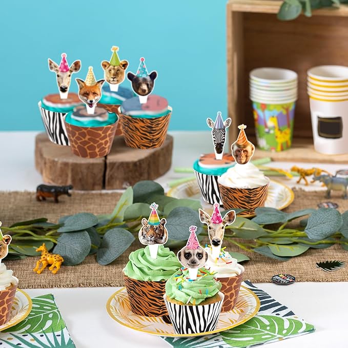 Hxezoc 48 Pack Safari Animals Party Cupcake Toppers and Wrappers, Jungle Animal Cake Decoration for Wild Theme Birthday Parties