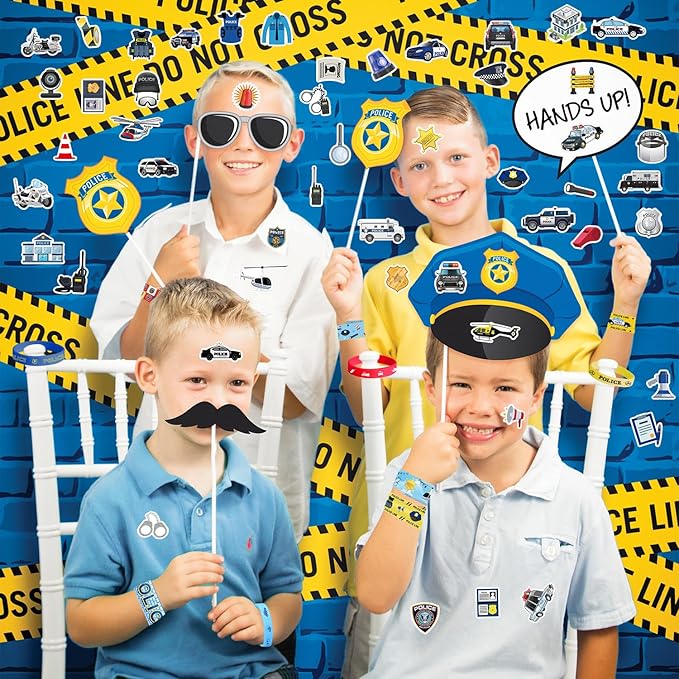 Police Party Favour Supplies including Police Gift Bags, Stickers, Badges, Wristbands for Police Theme Birthday Party