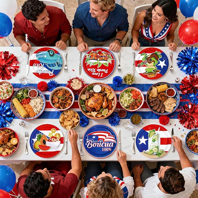 60Pcs Puerto Rico Paper Plates 9" Heavy Duty Disposable Puerto Rican Dessert Plate Coqui Frog Flag Party Decor for Xmas Three Kings Day New Year San Sebastián Street Festival Party Supplies